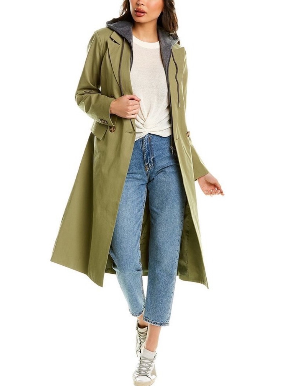 7 For All Mankind Long Trench Overcoat Jacket Hoodie Green Womens Approx Medium